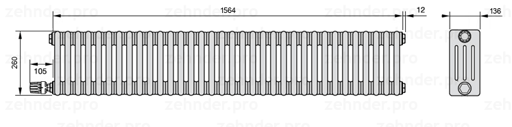 Схема (чертеж) Радиатор Zehnder Charleston 4026/34 №V003 Белый глянцевый RAL 9016